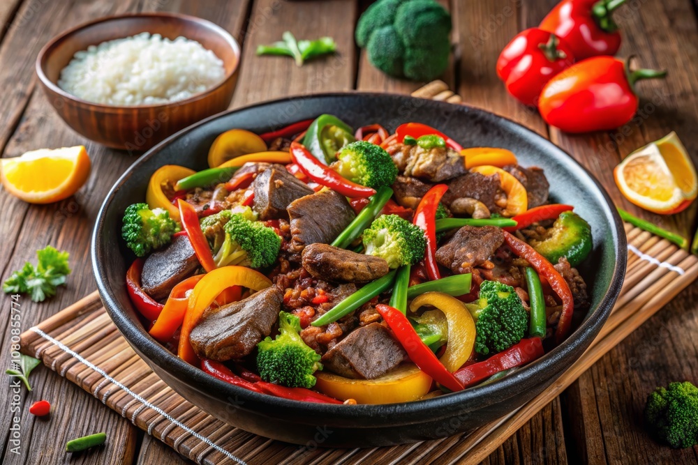 Savory Beef Stir Fry with Vibrant Vegetables and Asian Fusion Sauce on a Wooden Table with Rice, Fresh Broccoli, and Colorful Peppers Savory Beef Stir Fry with Vibrant Vegetables and Asian Fusion Sauce on a Wooden Table with Rice, Fresh Broccoli, and Colorful Peppers