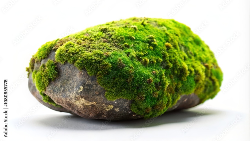 Isolated Granite Boulder Covered with Vibrant Green Moss on a Soft White Background Showcasing Nature's Artistry and Textural Beauty Isolated Granite Boulder Covered with Vibrant Green Moss on a Soft White Background Showcasing Nature's Artistry and Textural Beauty