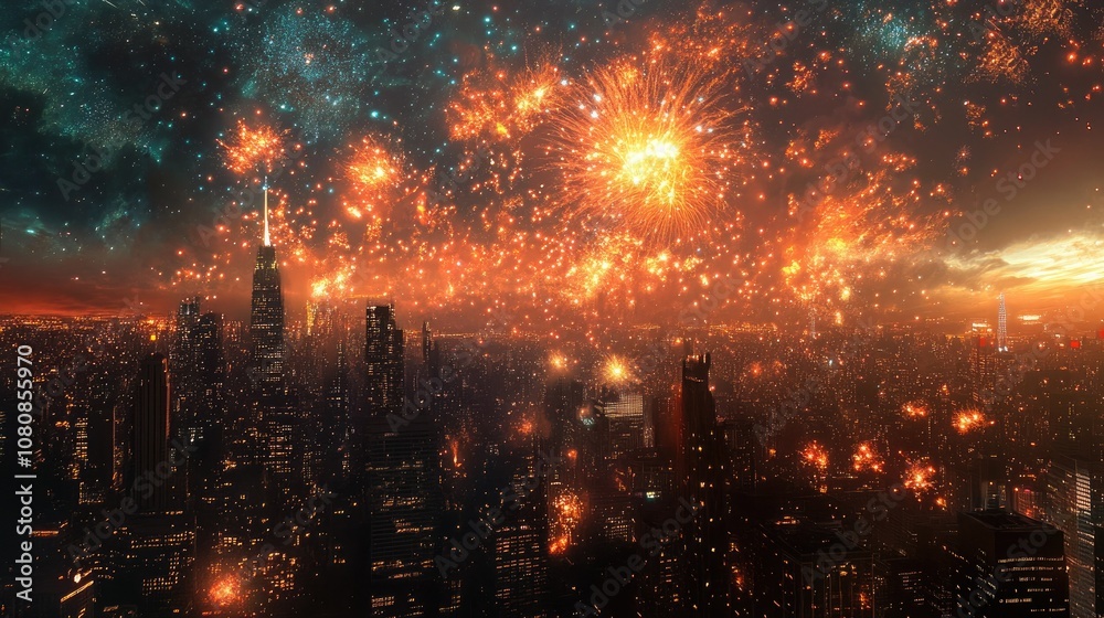 Fototapeta premium Spectacular fireworks display over a city, illuminating the skyline with bright, colorful explosions