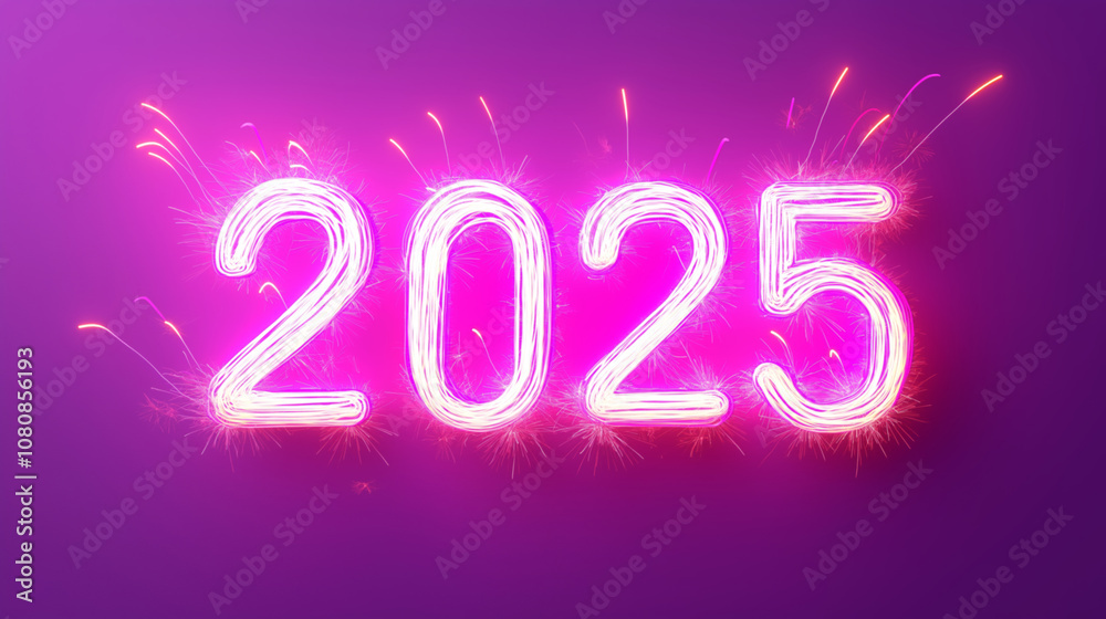  Sparkling Neon 2025 Sign with Firework Effects on Purple Background