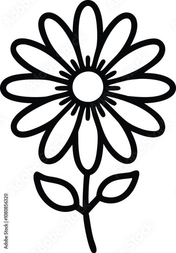 Daisy Flower Outline with Two Leaves, Black and white outline illustration of a daisy flower with a round center, multiple narrow petals, and two simple leaves on a thin stem.
