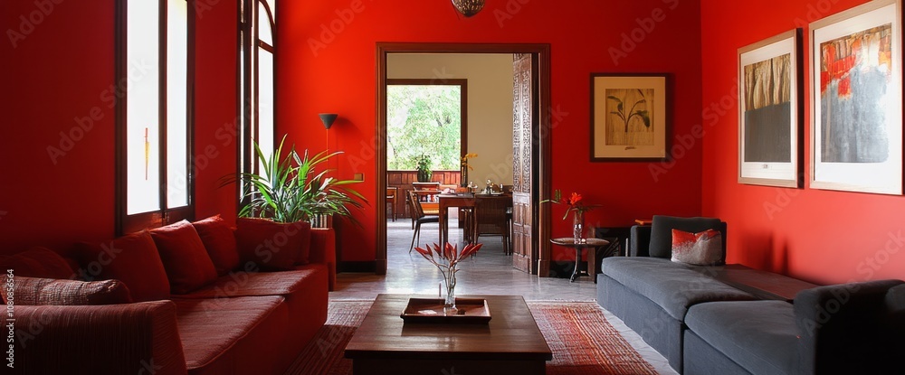 Red Room Interior with a View and Two Sofas Red Room Interior with a View and Two Sofas