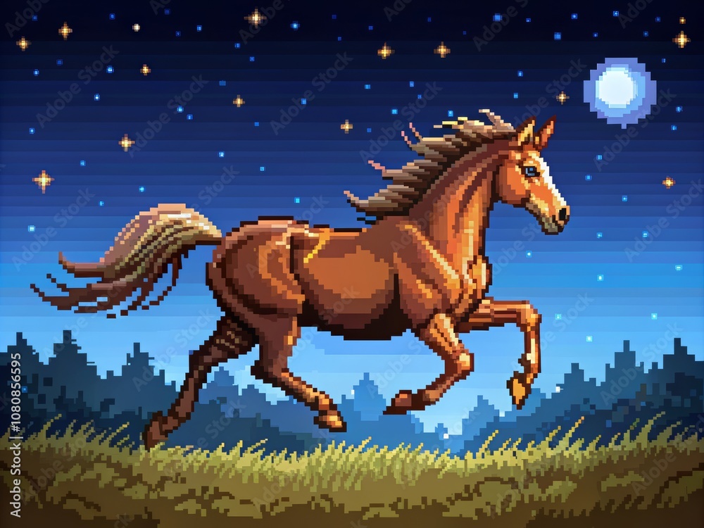 Fototapeta premium Majestic Running Horse in Night Sky, Captured in Artistic Pixel Style with Stars and Moon, Perfect for Creative Projects and Illustrations