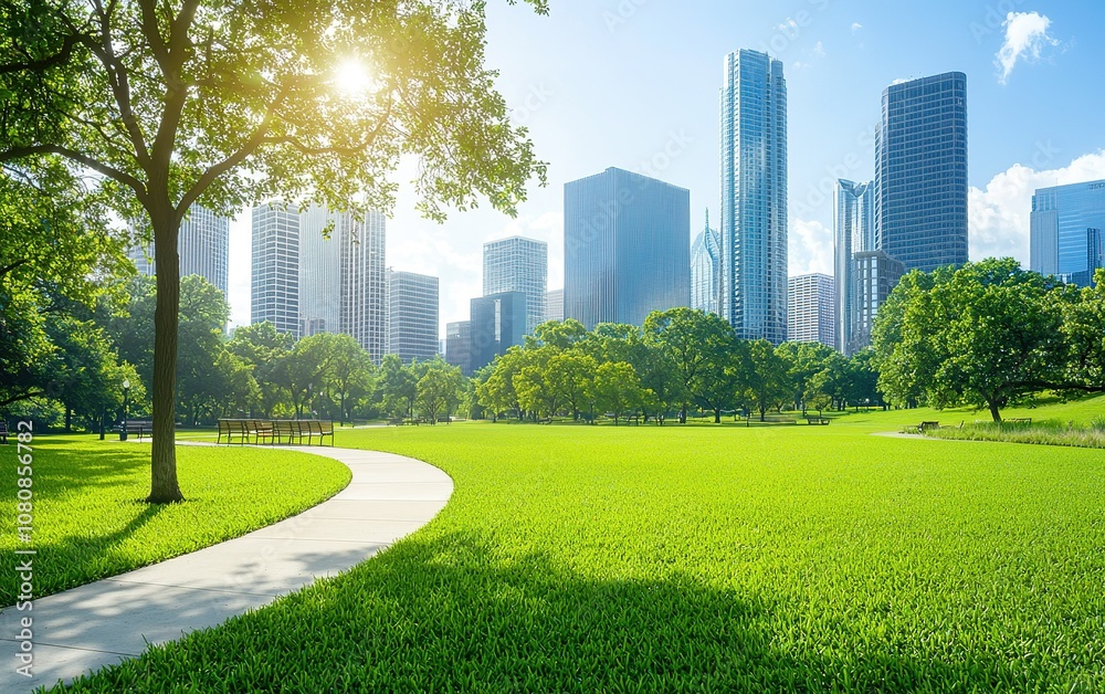 A vibrant urban park landscape with lush greenery and towering skyscrapers under a clear blue sky in the afternoon sun A vibrant urban park landscape with lush greenery and towering skyscrapers under a clear blue sky in the afternoon sun