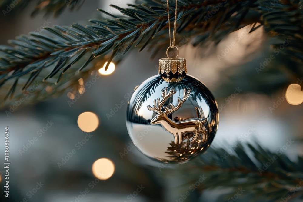 An artistic reflective ornament featuring a reindeer, placed on a Christmas tree, adds a touch of elegance and festive cheer with its stunning design and reflections.