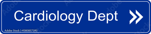 Blue and white vector graphic of a direction sign inside a hospital pointing to the cardiology  department