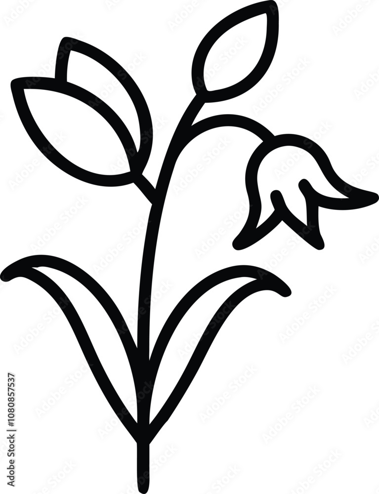 Bellflower Outline Icon with Leaves, Black and white outline illustration of a bellflower with drooping bloom, two leaves, and a simple stem, showcasing a minimalistic design.
Bellflower Outline Icon with Leaves, Black and white outline illustration of a bellflower with drooping bloom, two leaves, and a simple stem, showcasing a minimalistic design.
