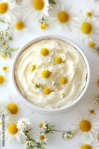 White bowl of cream with chamomile flowers.