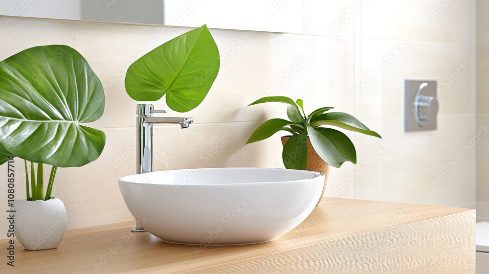 A modern bathroom scene featuring sleek white basin on wooden countertop, complemented by lush green plants. design exudes tranquility and elegance, perfect for serene space A modern bathroom scene featuring sleek white basin on wooden countertop, complemented by lush green plants. design exudes tranquility and elegance, perfect for serene space
