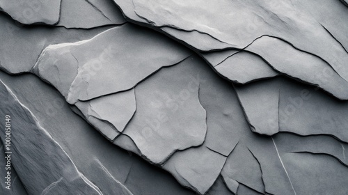 Close-up view of overlapping gray slate rock layers with natural textures and irregular shapes, illustrating geological formations and rock structures in a detailed macro perspective. photo