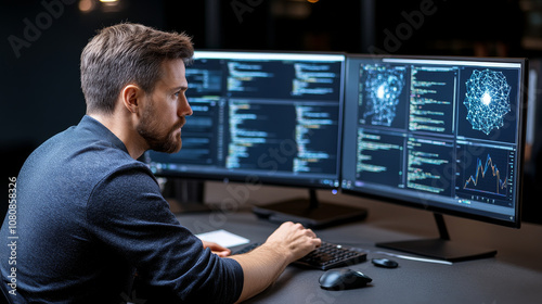 A focused man is working on multiple computer screens displaying complex data and code, immersed in tech environment. His concentration reflects intensity of data analysis and programming