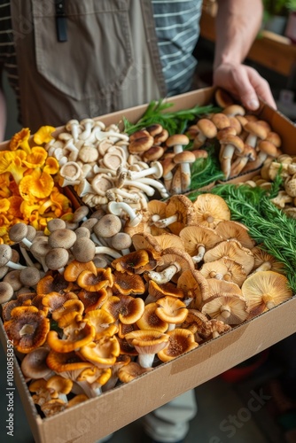 Pleasant surprise: customer receiving a box of assorted mushrooms freshly delivered to their doorstep