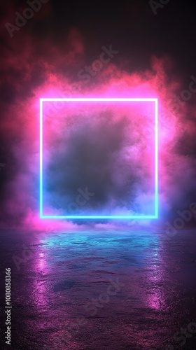 A neon square frame with vibrant pink and blue glow, reflecting on a dark, still water surface, against a backdrop of swirling clouds.