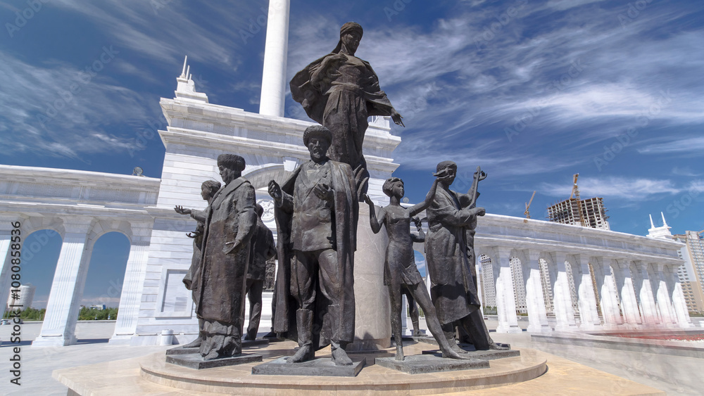 Obraz premium View of the Kazakh Eli Monument timelapse hyperlapse on Independence Square in Astana, the capital of Kazakhstan.