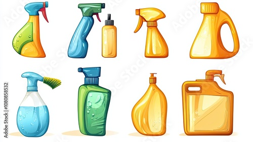 Cartoon illustration of eight colorful cleaning product bottles photo