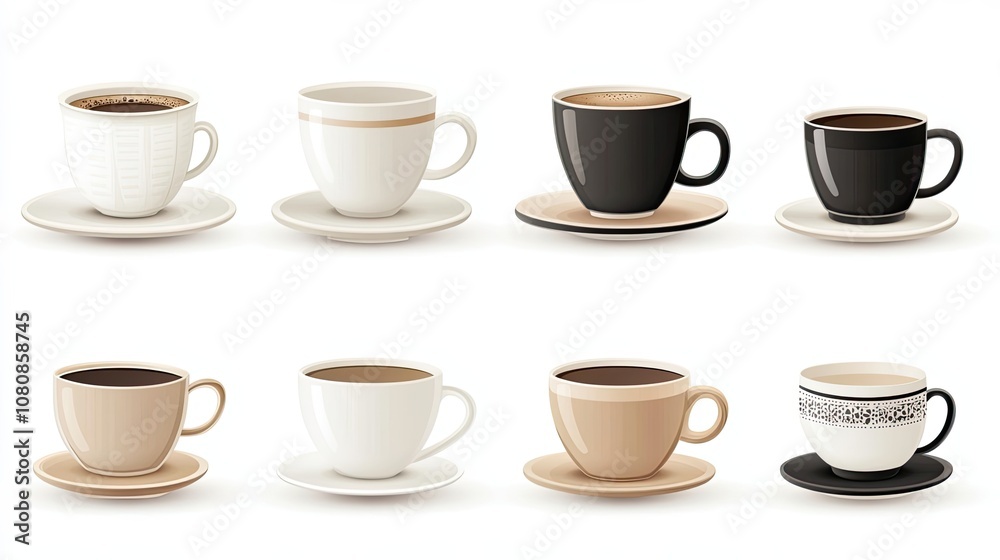 Eight Coffee Cups with Saucers in Different Colors and Designs