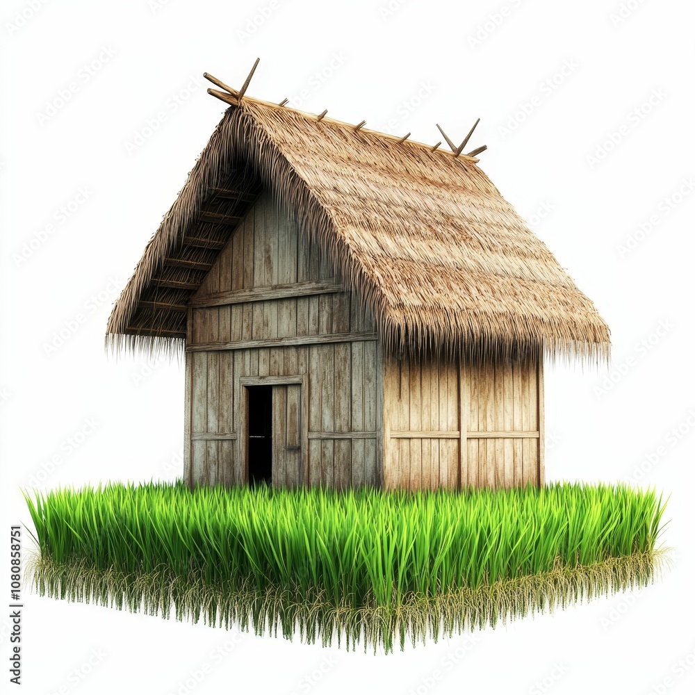 Wooden hut with thatched roof in grass. Wooden hut with thatched roof in grass.