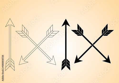 arrow set, black and white crossed arrows in green gradient background. outline silhouette arrow icon