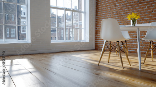 Bright and airy interior featuring modern dining area with white table and chairs, complemented by natural light streaming through large windows. warm wooden floor and brick wall add cozy touch