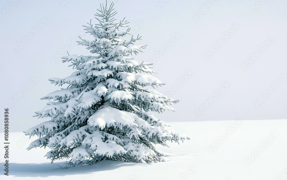 A snow-covered evergreen tree stands alone in a serene winter landscape under a blank sky A snow-covered evergreen tree stands alone in a serene winter landscape under a blank sky