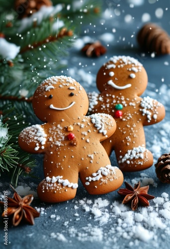 Zwei Lebkuchenmännchen mit Puderzucker bestäubt, umgeben von Tannenzweigen, Anis und Zapfen, schaffen eine gemütliche, weihnachtliche Szene. Generative KI.