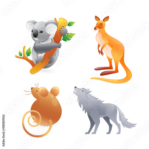 Set of illustrations of animals of Australia, koala, kangaroo, marsupial mouse, wolf, realistic in 3D style. photo