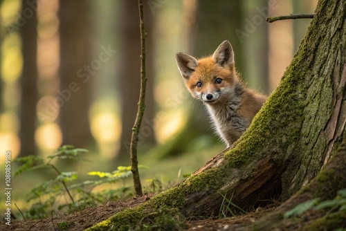 Adorable fox cub peeking out from behind a tree branch, woodland animal, cute animal, natural scenery