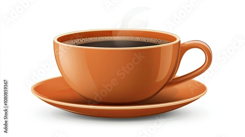 A steaming cup of coffee in an orange mug and saucer