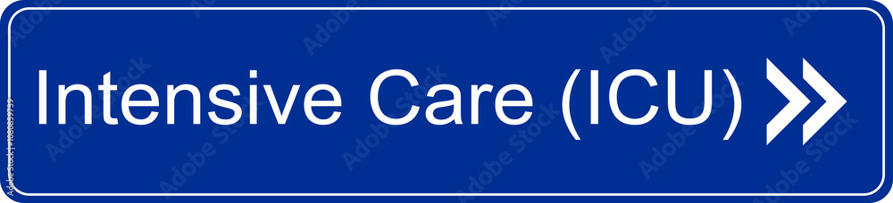 Blue and white transparent PNG file of a direction sign inside a hospital pointing to the intensive care unit. ICU Blue and white transparent PNG file of a direction sign inside a hospital pointing to the intensive care unit. ICU