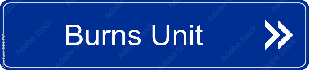 Blue and white transparent PNG file of a direction sign inside a hospital pointing to the burns unit Blue and white transparent PNG file of a direction sign inside a hospital pointing to the burns unit