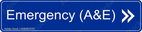 Blue and white transparent PNG file of a direction sign inside a hospital pointing to the emergency room also known as accident and emergency (A&E)