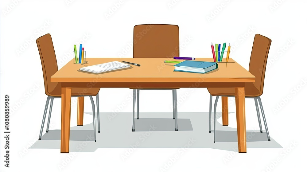 Wooden Table with Three Chairs and School Supplies Wooden Table with Three Chairs and School Supplies