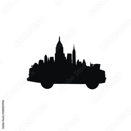 A black silhouette of a car with various city landmarks and skyscrapers on top of it