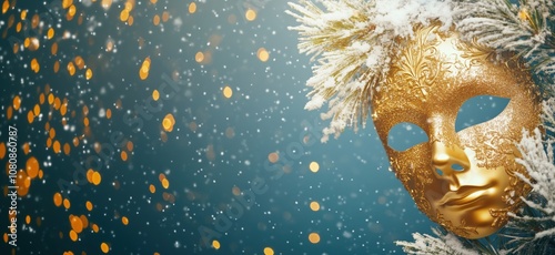 Golden mask adorned with snow, festive atmosphere, sparkling lights, winter scene photo