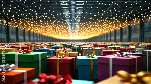 A vast warehouse stretches out, filled with stacks of colorful, wrapped gifts in every corner, creating a sea of festive abundance and holiday spirit under the soft glow of twinkli photo