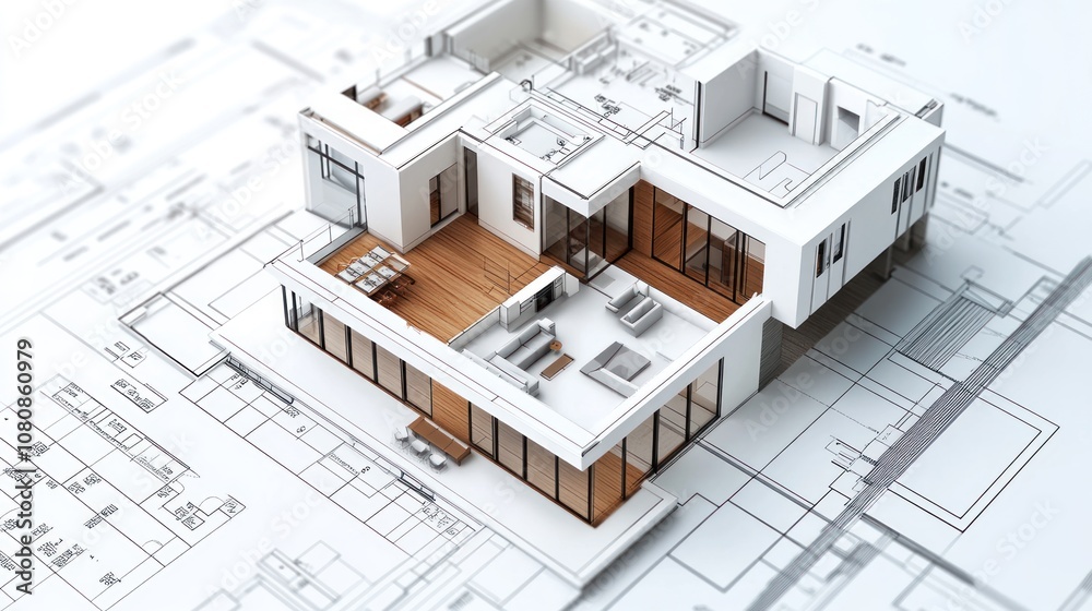 3D architectural model on top of blueprints for design visualization. 3D architectural model on top of blueprints for design visualization.