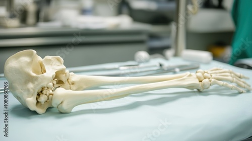 Detailed medical arrangement of a human arm skeleton, including humerus, radius, and ulna, laid out on a sterile table with surgical instruments, ideal for educational and clinical settings. photo