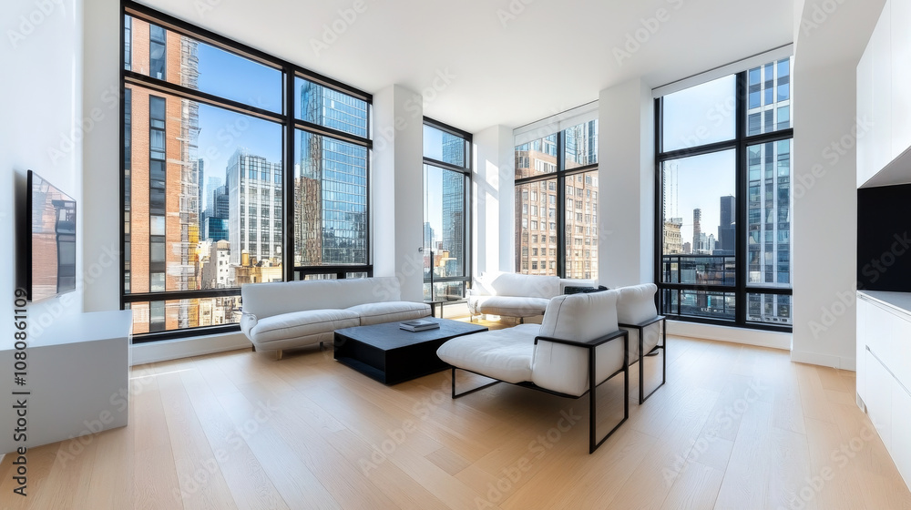 Modern living room with large windows showcasing city skyline, featuring minimalist furniture and bright, airy atmosphere. space is designed for comfort and style, perfect for urban living Modern living room with large windows showcasing city skyline, featuring minimalist furniture and bright, airy atmosphere. space is designed for comfort and style, perfect for urban living
