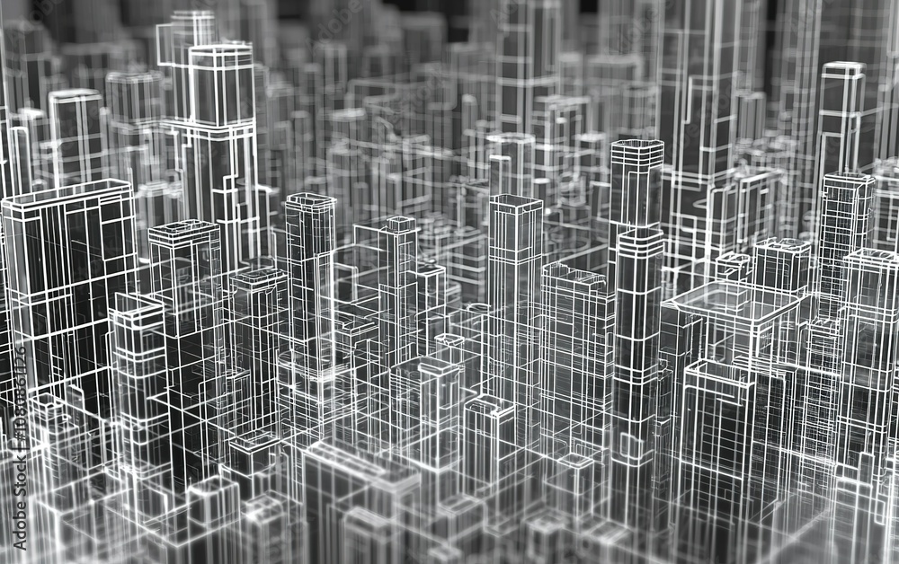 An intricate digital representation of a futuristic cityscape, showcasing a complex grid of transparent structures and outlines An intricate digital representation of a futuristic cityscape, showcasing a complex grid of transparent structures and outlines