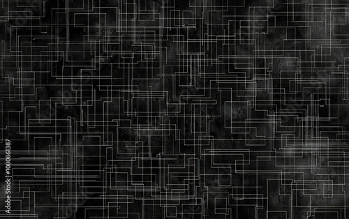 Abstract black background with intricate white line patterns creating a modern geometric design suitable for various applications
