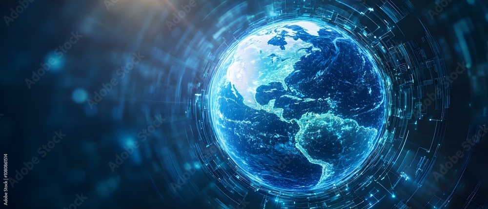 Obraz premium A digitally rendered image of the Earth, showcasing glowing continents and a futuristic, tech-inspired background. Concept Digital Earth Rendering, Glowing Continents, Futuristic Background