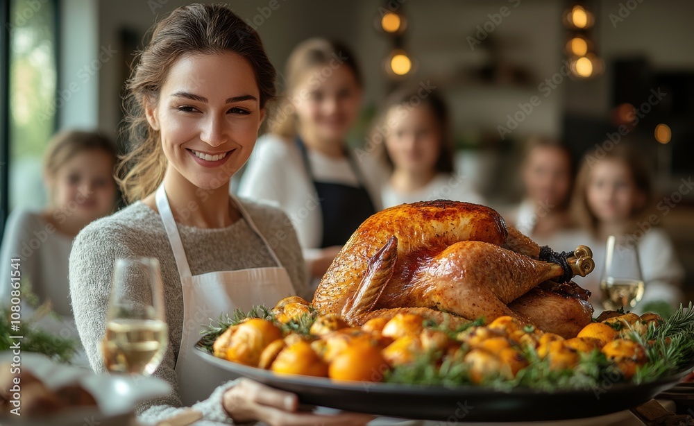 Woman joyfully serving a festive family dinner during the holidays Woman joyfully serving a festive family dinner during the holidays