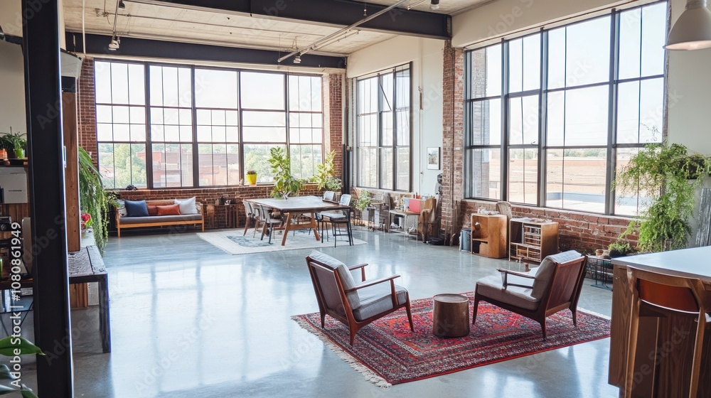 Fototapeta premium Modern Loft Interior with Large Windows and Exposed Brick Wall