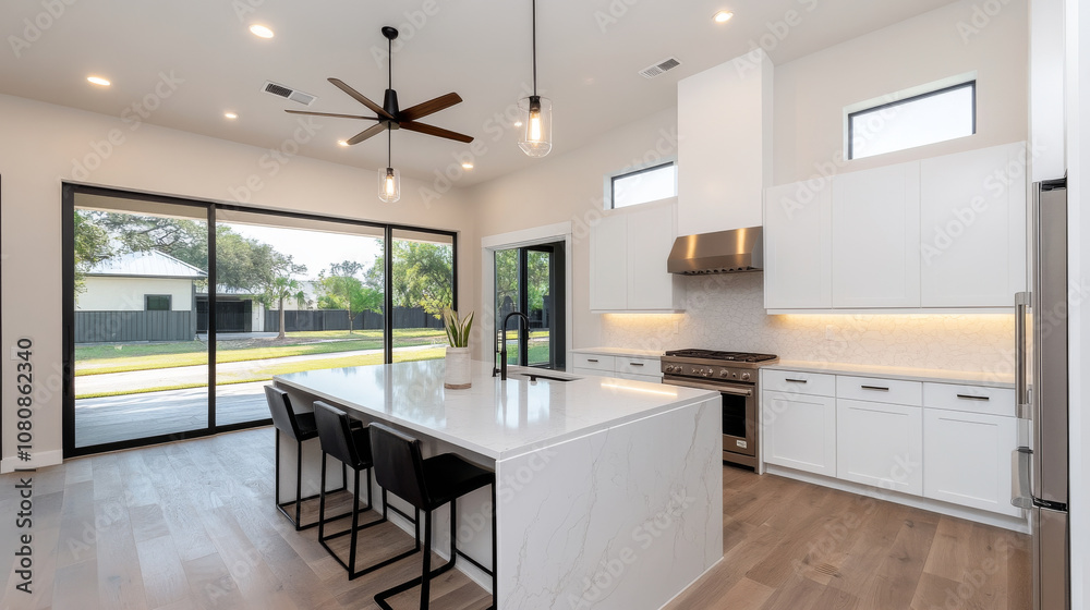 Modern kitchen with an open layout featuring large island, sleek cabinetry, and stylish lighting. space is bright and airy, perfect for cooking and entertaining Modern kitchen with an open layout featuring large island, sleek cabinetry, and stylish lighting. space is bright and airy, perfect for cooking and entertaining