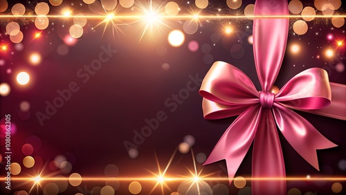 Pink bow with a gold-framed burgundy card on a dark background filled with sparkling bokeh lights, creating an elegant, festive, and luxurious look.