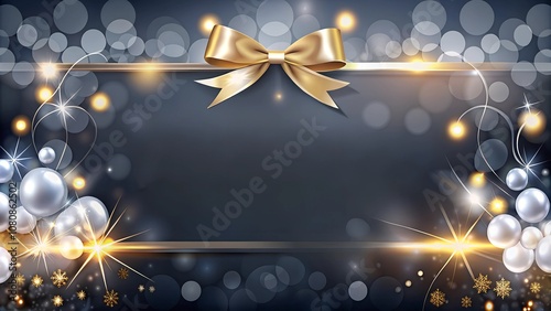 Elegant dark-themed holiday background with a silver bow, gold ribbons, stars, and bokeh lights. A blank frame in the center for text or message, surrounded by festive decorations.