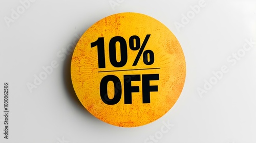 Black '10% OFF' Text on a Gold Round Paper Note. White Background with Copy Space