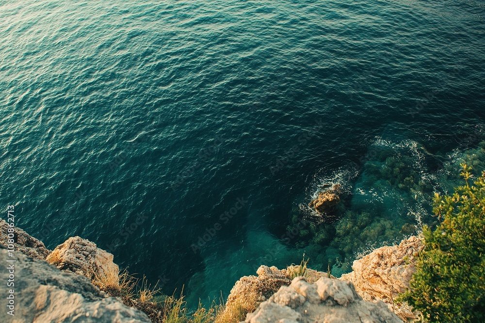 Fototapeta premium Explore the tranquil beauty of ocean water from a rocky cliffside perspective