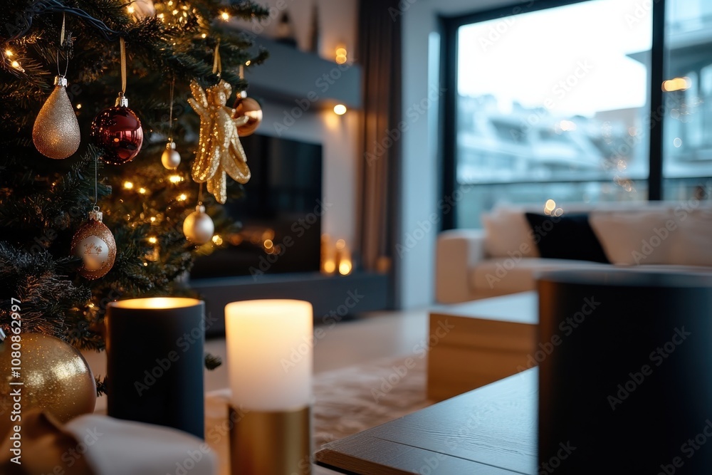 A warm and inviting living room features a glowing Christmas tree with decorative ornaments, set against a backdrop of a modern cityscape through large glass windows. A warm and inviting living room features a glowing Christmas tree with decorative ornaments, set against a backdrop of a modern cityscape through large glass windows.