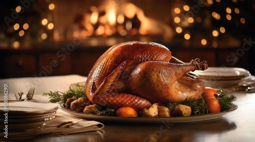 Golden roasted turkey with holiday trimmings by a cozy fireplace